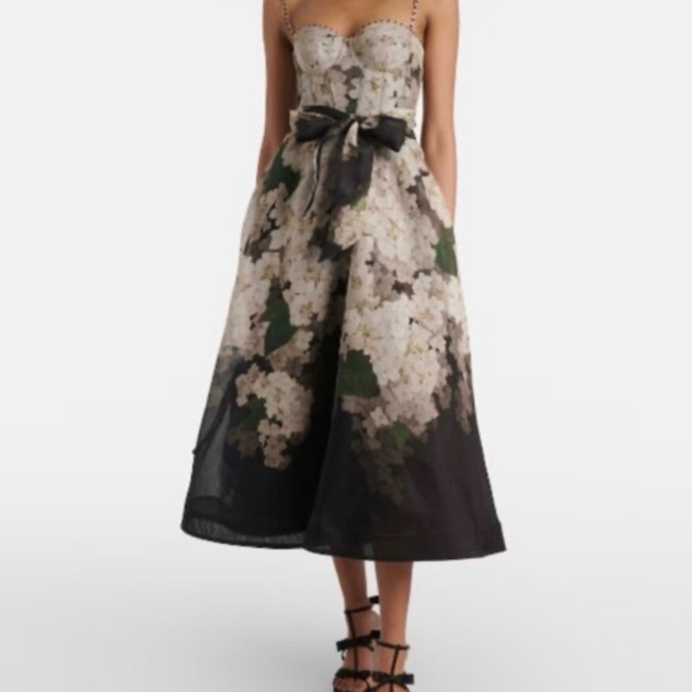 Zimmermann Balance Linen and Silk Floral Strapless Dress with Bow